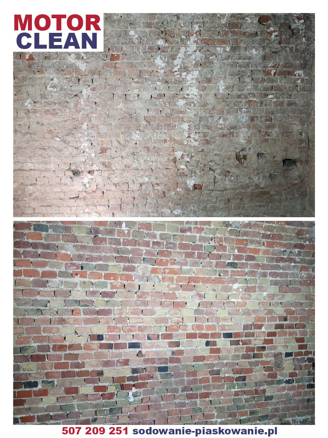 Ceglana ściana przed i po czyszczeniu, widoczne różnice w kolorze i strukturze, logo firmy Motor Clean w lewym górnym rogu, numer telefonu i adres strony internetowej na dole.