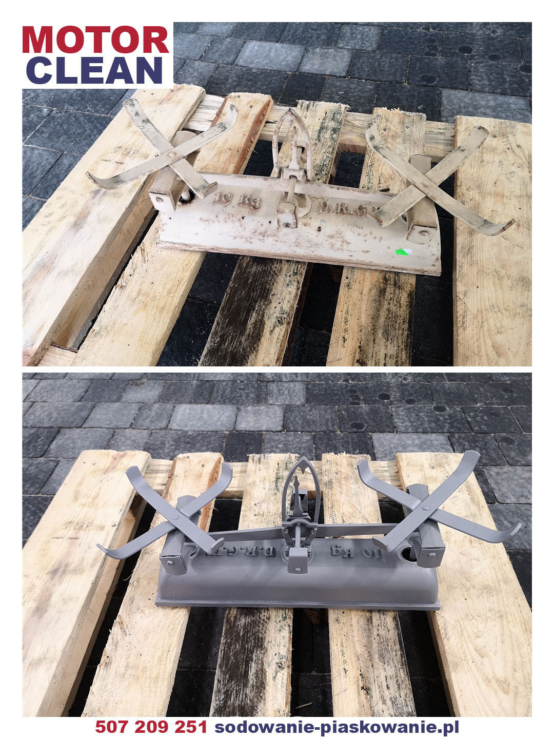 Dwa ujęcia metalowej wagi szalkowej: górne przedstawia wagę pokrytą rdzą i zabrudzeniami, a dolne wagę po piaskowaniu, pomalowaną na szaro, leżącą na drewnianej palecie.