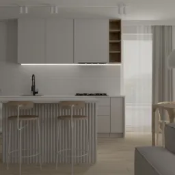 Nowoczesna, jasna kuchnia z wyspą i hokerami, minimalistyczny design, czarne AGD, drewniana podłoga, widok na jadalnię z lampami i obrazem.