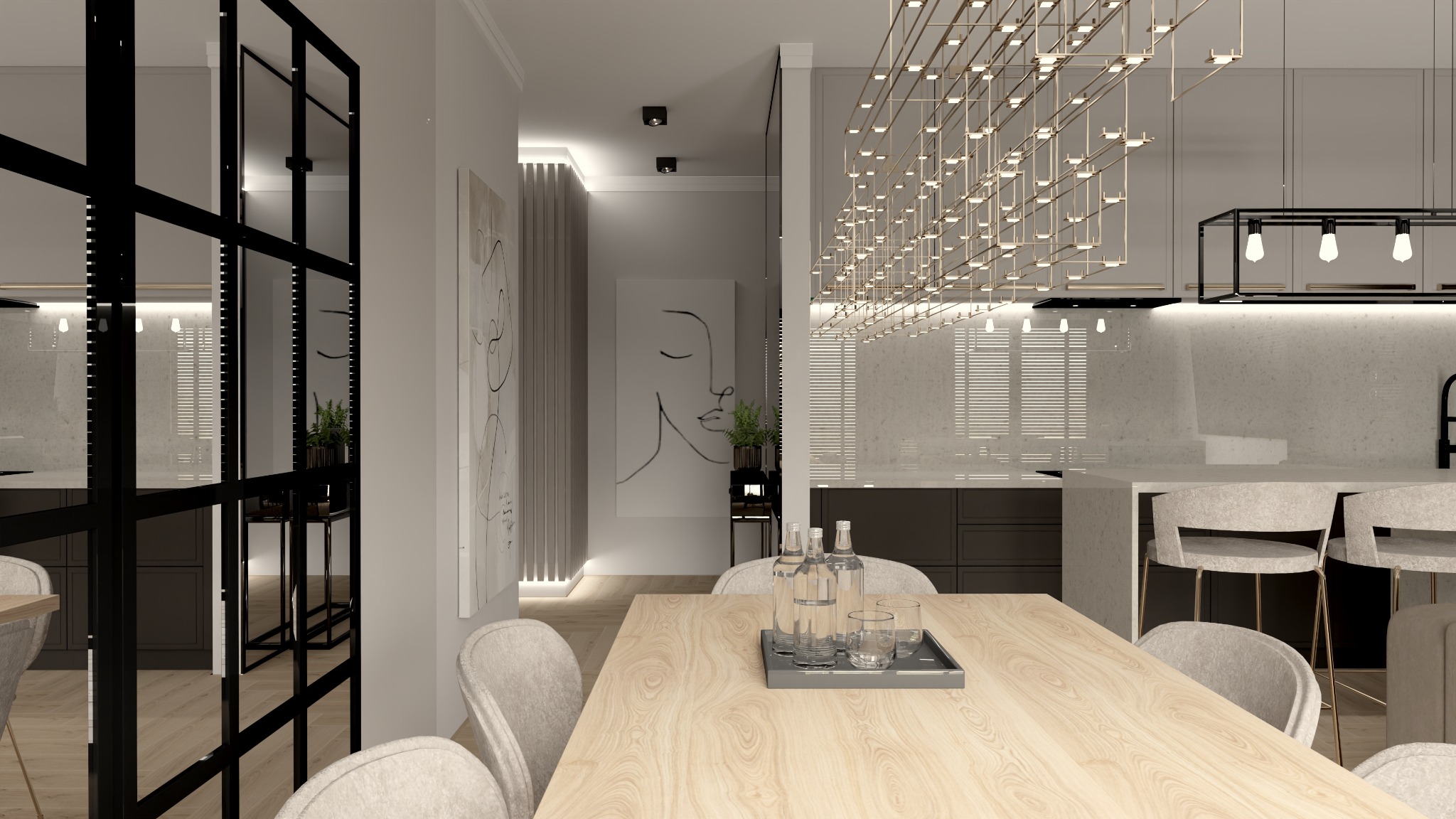 Wnętrze jadalni z drewnianym stołem, krzesłami w odcieniach szarości, dekoracyjnym oświetleniem sufitowym i minimalistyczną grafiką na ścianie w tle.