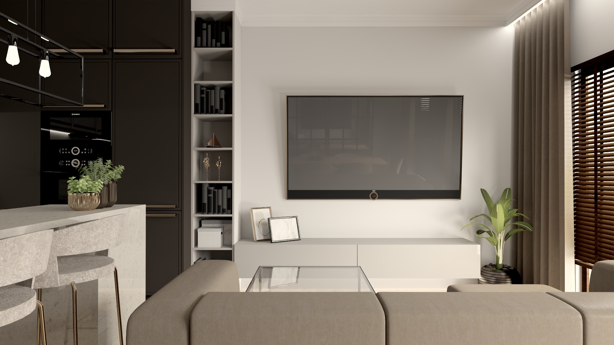 Nowoczesny salon z aneksem kuchennym: ciemne szafki kuchenne, wyspa z hokerami, telewizor na ścianie, regał z książkami i dekoracjami, beżowa sofa, szklany stolik kawowy, roślina doniczkowa i zasłony.