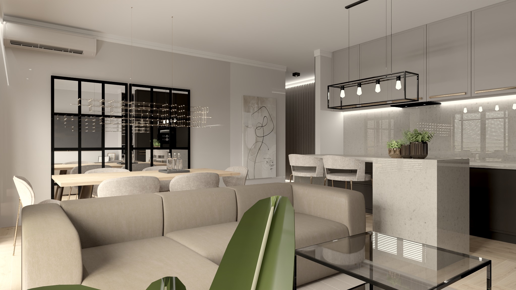 Jasne, przestronne wnętrze z beżową sofą, drewnianym stołem jadalnym z krzesłami, wyspą kuchenną z hokerami i dekoracyjnym oświetleniem, akcentowane rośliną doniczkową na pierwszym planie.