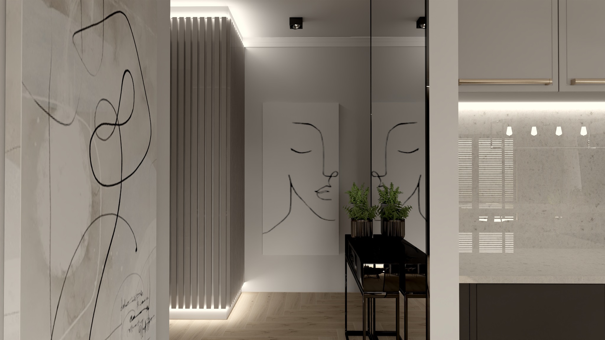Wnętrze mieszkania w nowoczesnym stylu z abstrakcyjnym obrazem na ścianie, dekoracyjną ścianką z pionowych listew i czarną konsolą z roślinami.