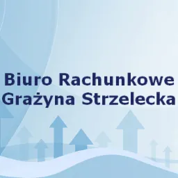Grafika z nazwą Biuro Rachunkowe Grażyna Strzelecka na jasnoniebieskim tle z subtelnym wzorem strzałek skierowanych ku górze.