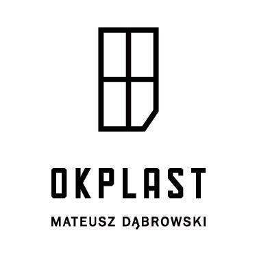 Logo firmy OKPLAST Mateusz Dąbrowski przedstawiające stylizowaną ramę okienną z podziałami.