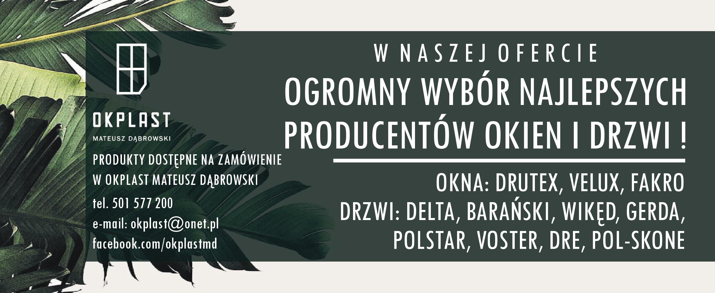 Grafika reklamowa firmy Okplast Mateusz Dąbrowski oferującej szeroki wybór producentów okien i drzwi, z zielonymi liśćmi w tle.