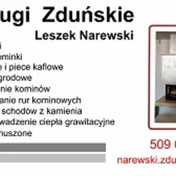 Wizytówka firmy z usługami zduńskimi, kominkami, piecokominkami, kuchniami i piecami kaflowymi, grillami ogrodowymi, rurowaniem kominów, prasowaniem rur kominowych, montażem schodów z kamienia...