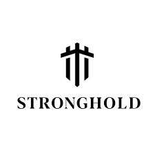 Minimalistyczne logo firmy Stronghold przedstawiające stylizowaną, symetryczną fortecę w kolorze czarnym na białym tle, z nazwą firmy zapisaną prostym fontem poniżej.