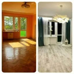 Porównanie stanu pokoju przed i po: pomarańczowe ściany, parkiet i stare okna kontra białe ściany, panele podłogowe imitujące drewno, nowe okna, dekoracyjne zasłony i lampa.