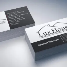 Wizytówki firmy Lux House oferującej profesjonalne wykończenie wnętrz, z wyszczególnionymi usługami: malowanie, tapetowanie, kafelkowanie, montaż paneli podłogowych, montaż płyt G-K, sufity...