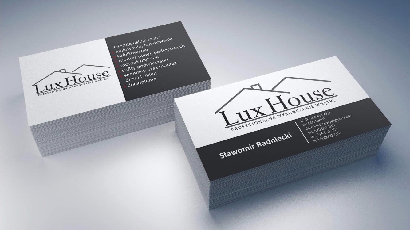 Wizytówki firmy Lux House oferującej profesjonalne wykończenie wnętrz, z wyszczególnionymi usługami: malowanie, tapetowanie, kafelkowanie, montaż paneli podłogowych, montaż płyt G-K, sufity...