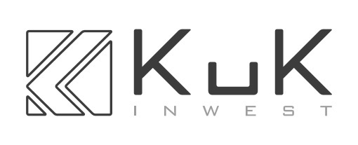 Logo firmy KUK Invest z geometrycznym symbolem po lewej stronie i napisem INWEST pod nazwą firmy