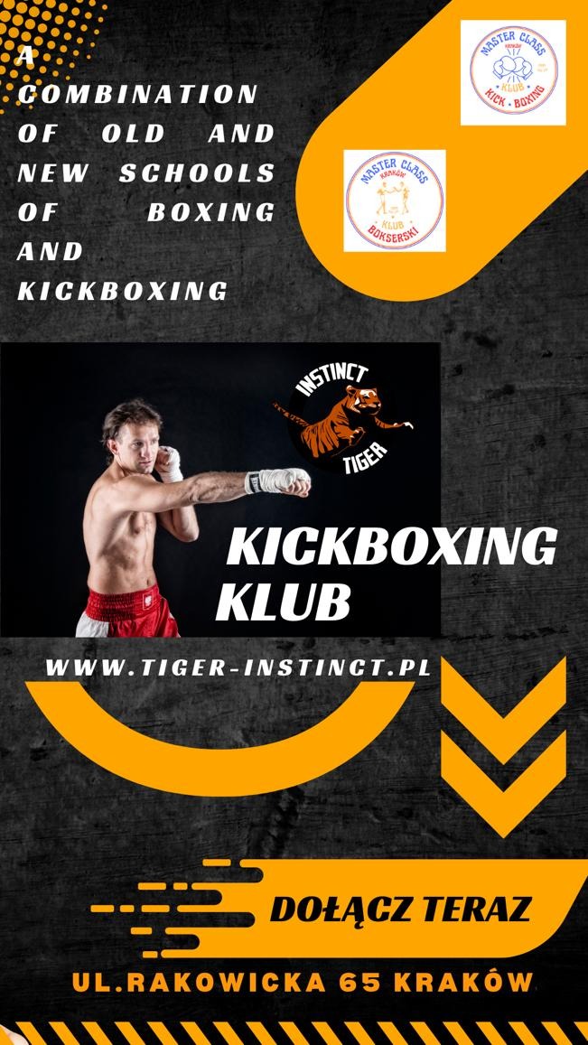 Plakat reklamowy klubu kickboxingu z wizerunkiem mężczyzny w pozycji bojowej, logo klubu z tygrysem i informacjami kontaktowymi.