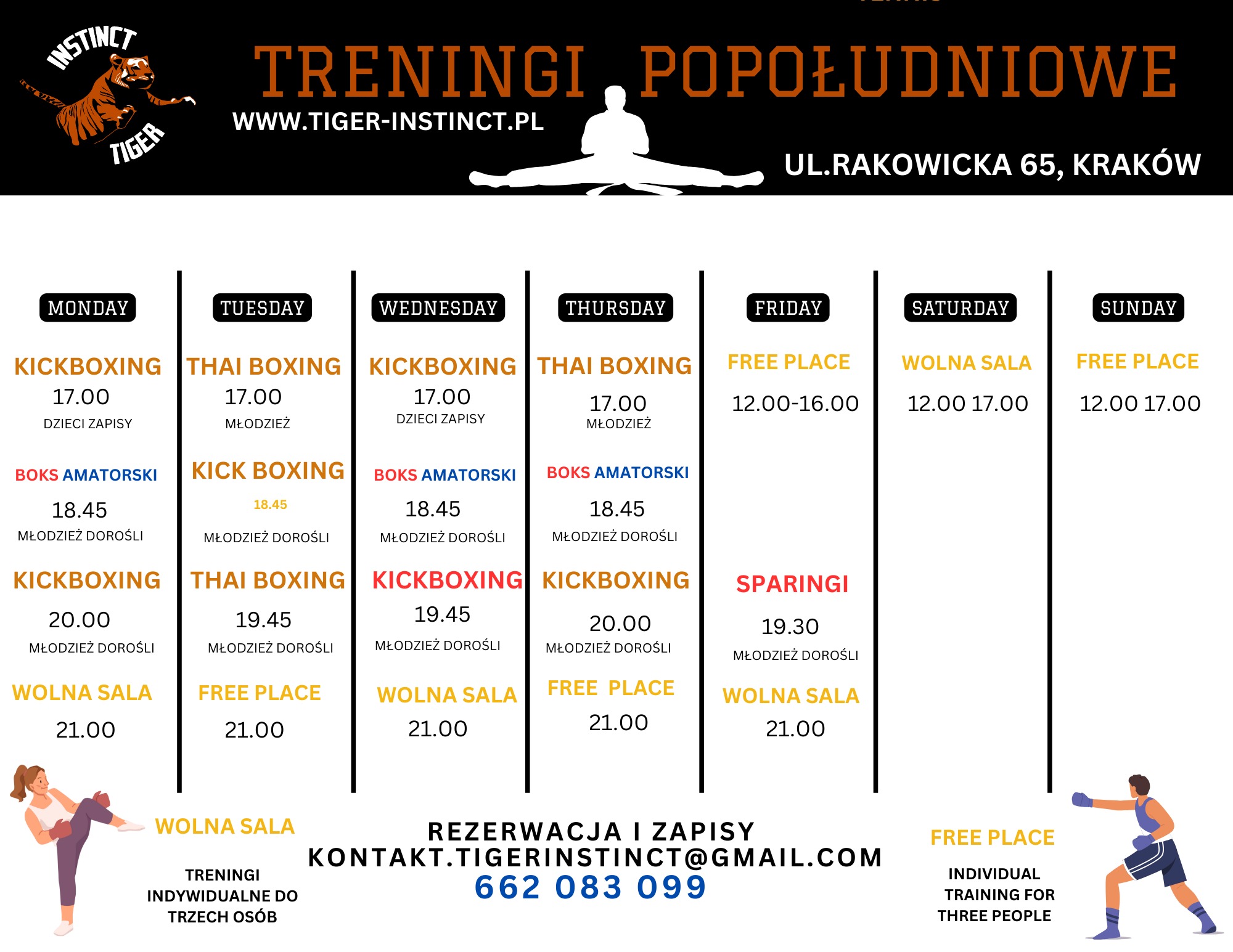 Grafika z rozkładem zajęć w szkole walki Tiger Instinct w Krakowie, obejmująca kickboxing, boks tajski, boks amatorski i sparingi, z podziałem na dni tygodnia i godziny dla różnych grup wiekowych...