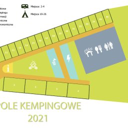 Mapa prywatnego pola kempingowego, inwentaryzacja podlega grunt działki na której jest realizowany projekt graficzny. Projekt posiada podstawowe symbole i kolory do szybkiej identyfikacji terenu wydarzenia.