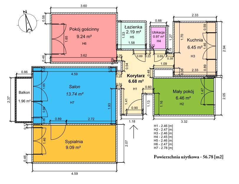 Kolorowy rzut mieszkania z naniesionymi wymiarami pomieszczeń i stolarki okiennej oraz drzwiowej, wskazujący powierzchnię użytkową.