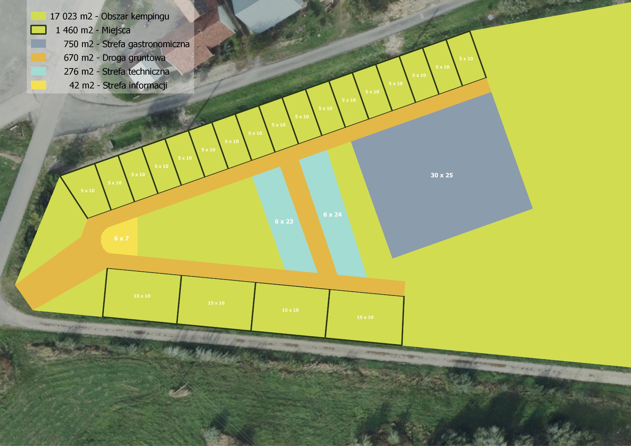 Plan zagospodarowania przestrzennego prywatnego pola kempingowego z podziałem na strefy: miejsca kempingowe (5x10m), strefę gastronomiczną, drogę gruntową, strefę techniczną (6x23m, 6x24m) i strefę...