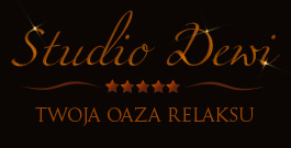 Logo salonu 'Studio Dewi' z pięcioma gwiazdkami i napisem 'Twoja oaza relaksu' na ciemnym tle.