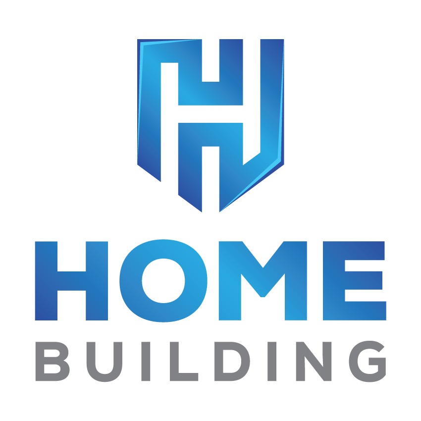 Logo firmy budowlanej: stylizowana litera H w niebieskim odcieniu, nad napisem HOME BUILDING w kolorze szarym.