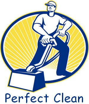 Stylizowana grafika przedstawiająca mężczyznę czyszczącego dywan za pomocą profesjonalnego urządzenia, umieszczona w owalnej ramie z promieniami słonecznymi, z napisem 'Perfect Clean' u dołu.