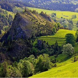 Feniks Tour Agnieszka Kozyra - Panoramiczny widok na malowniczy krajobraz z zielonymi wzgórzami, lasami i skalistym szczytem, prawdopodobnie w okolicach Rzeszowa, idealny na wycieczki i wczasy.