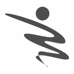 Abstrakcyjna, szara sylwetka człowieka w dynamicznej pozie, przypominająca ruch, na białym tle.