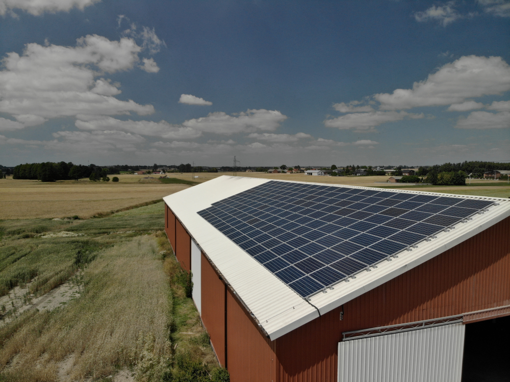 Widok z góry na panele słoneczne zamontowane na dachu budynku gospodarczego w słoneczny dzień, na tle pól i zabudowań.