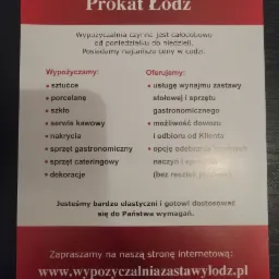 Ulotka reklamowa wypożyczalni zastawy stołowej i sprzętu gastronomicznego 'Prokat Ł&oacute;dź', z informacją o całodobowej dostępności, ofercie wynajmu sztućc&oacute;w, porcelany, szkła, serwisu kawowego, nakryć...
