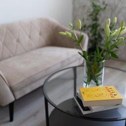 Między Myślami - Jasny gabinet psychoterapeuty: beżowa sofa z pikowaniem, szklany stolik z wazonem lilii i książką 'Siła nawyku'.