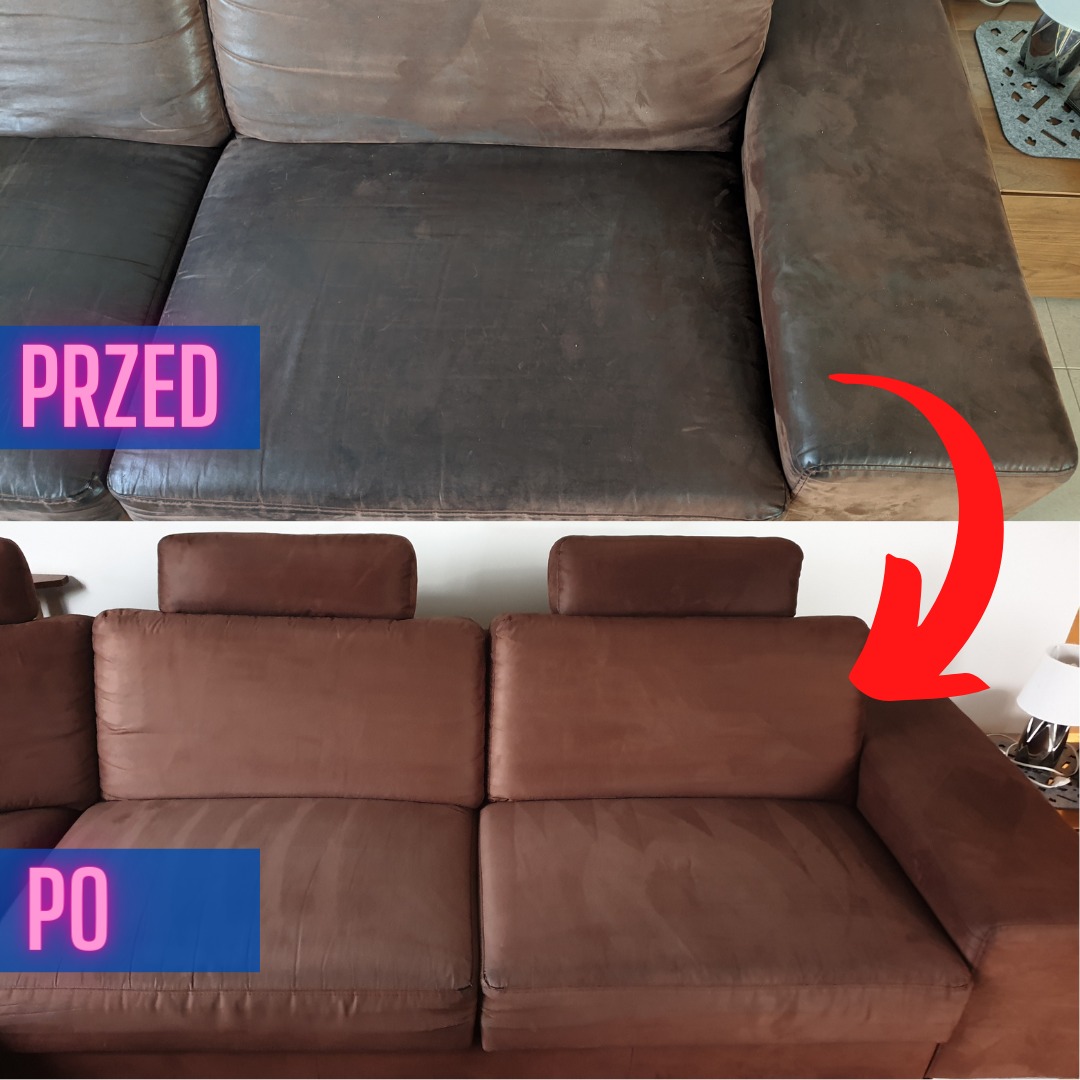 Brązowa skórzana kanapa: widok przed i po czyszczeniu, z wyraźną różnicą w kolorze i wyglądzie materiału.