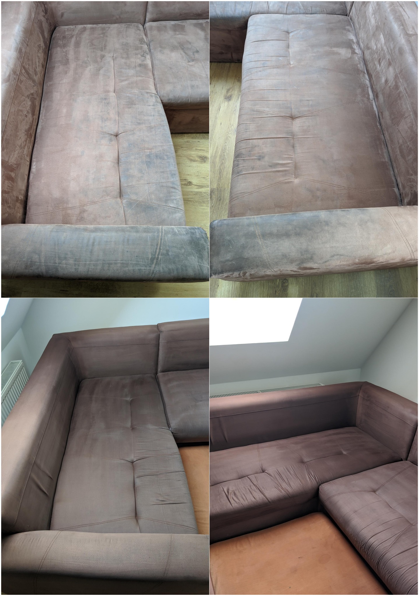 Kolaż czterech ujęć narożnika przed i po praniu tapicerki, ukazujący różnicę w czystości i odświeżeniu materiału.