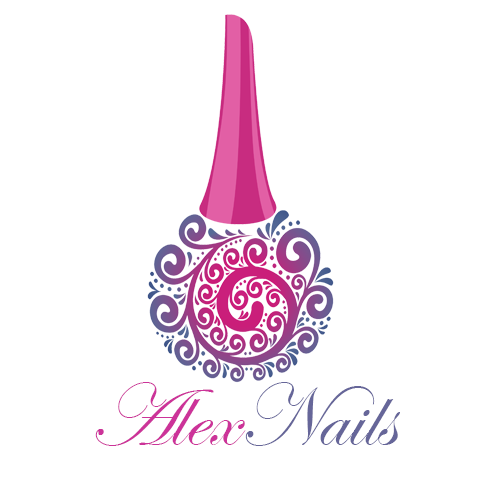 Logo firmy Alex Nails: stylizowany flakon lakieru do paznokci z ornamentami w odcieniach różu i fioletu.