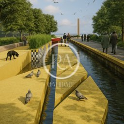 Luxuriance - Wizualizacja parku miejskiego z żółtymi ścieżkami wodnymi, gołębiami i spacerującymi ludźmi. W tle widoczny pomnik i drzewa. Ujęcie z lotu ptaka.