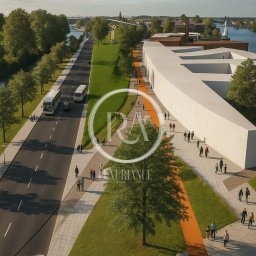 Luxuriance - Wizualizacja terenu miejskiego z budynkiem o unikalnej architekturze, aleją spacerową z pomarańczowym pasem, zielenią miejską i rzeką w tle, widziana z lotu ptaka.