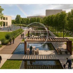 Luxuriance - Nowoczesny park miejski z pergolami nad wodą, ścieżkami spacerowymi i zielenią. W tle budynki i tęcza na niebie. Widoczni ludzie spacerujący i bawiący się.