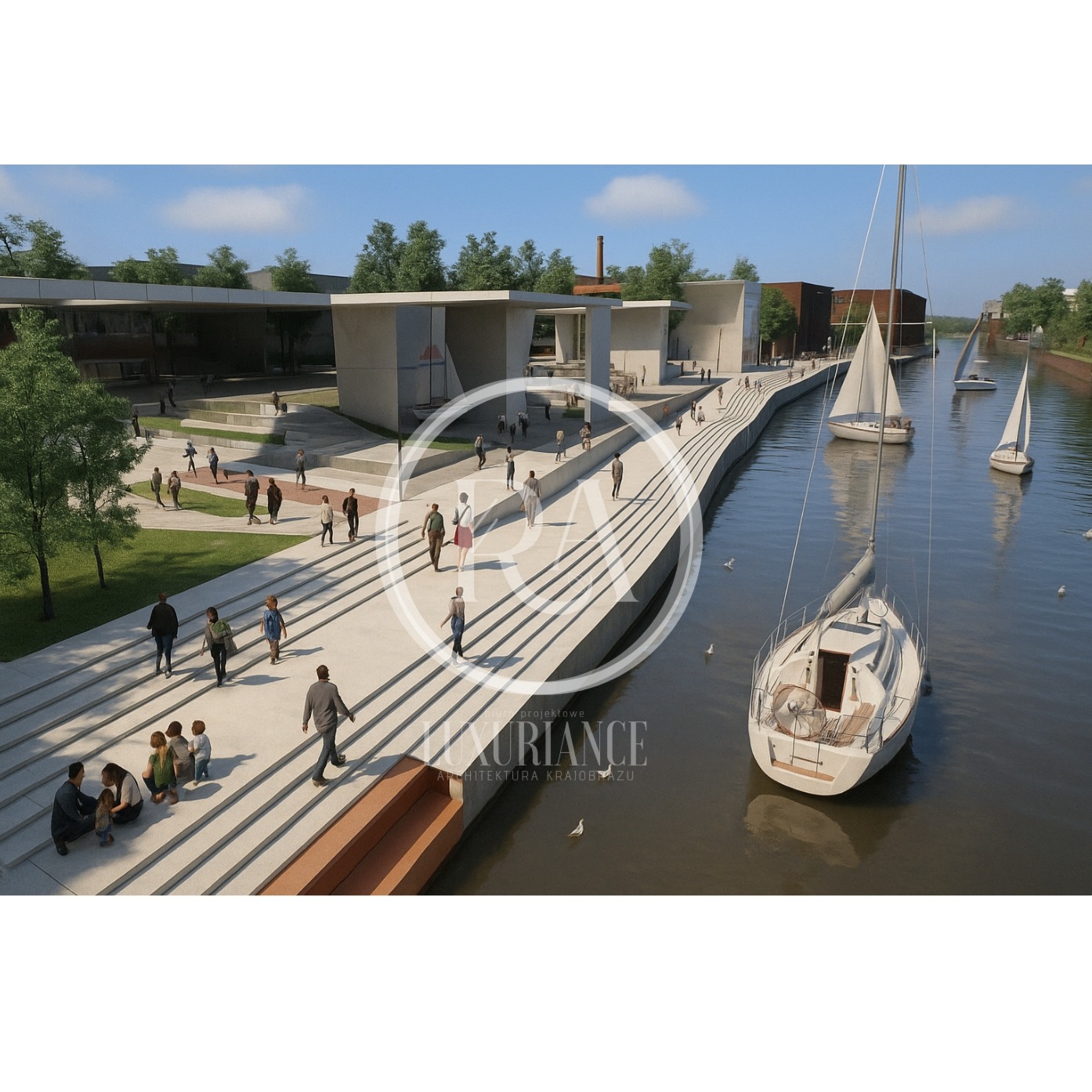 Wizualizacja nabrzeża z betonowymi schodami, spacerującymi ludźmi i zacumowanymi jachtami. Minimalistyczna architektura w tle, błękitne niebo.
