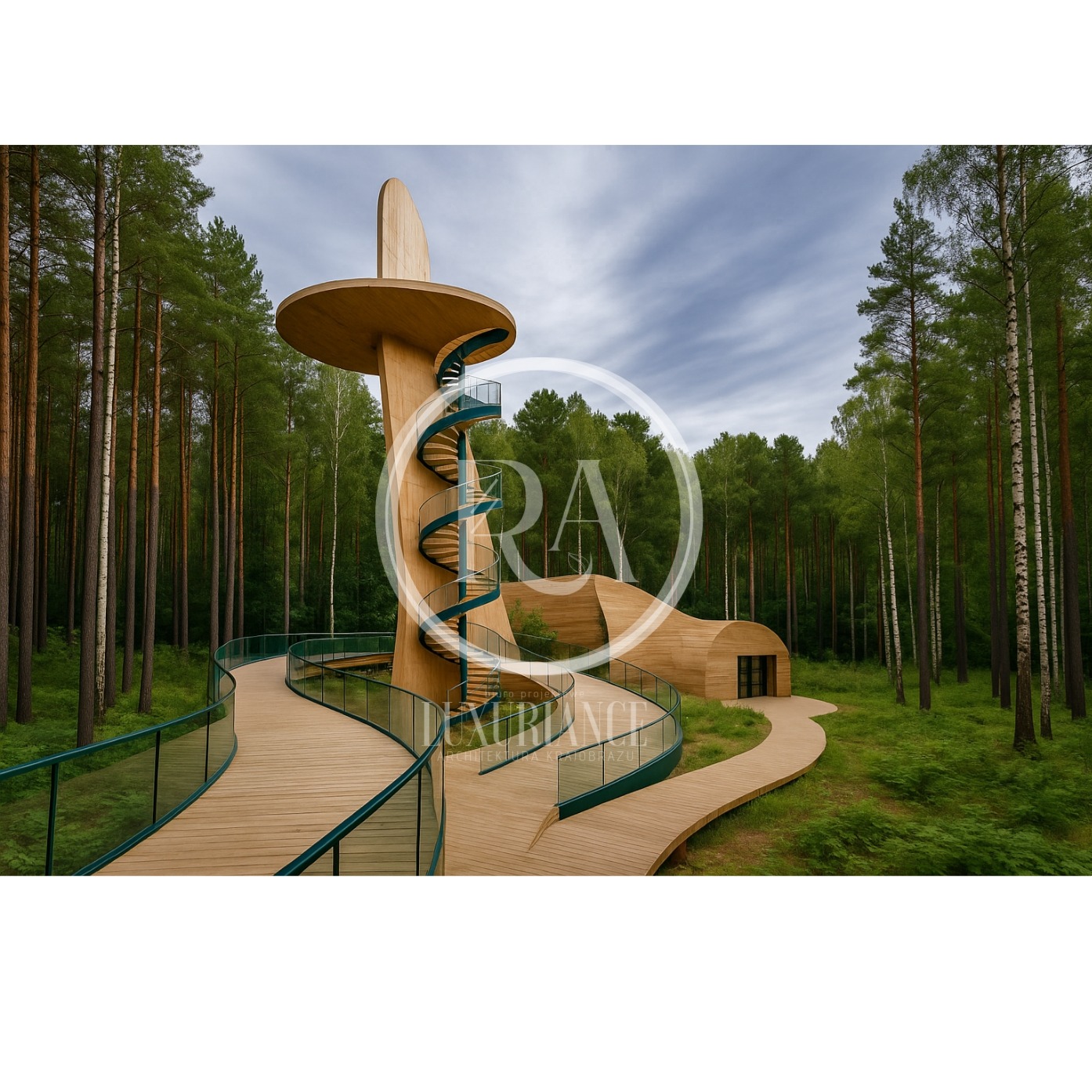Drewniana wieża widokowa z spiralnymi schodami i ścieżką w lesie, otoczona zielenią. Nowoczesna architektura krajobrazu wkomponowana w naturalne otoczenie.