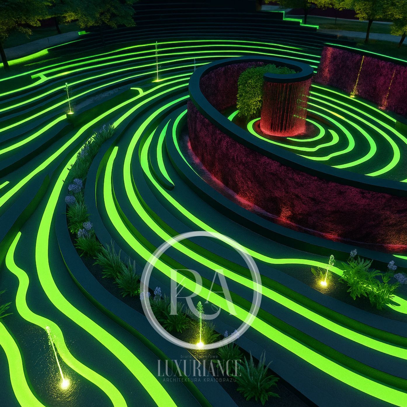 Iluminowany ogród kaskadowy z fontannami i roślinnością, widok z góry. Spiralna kompozycja z czerwonym akcentem centralnym, oświetlenie LED w odcieniach zieleni.