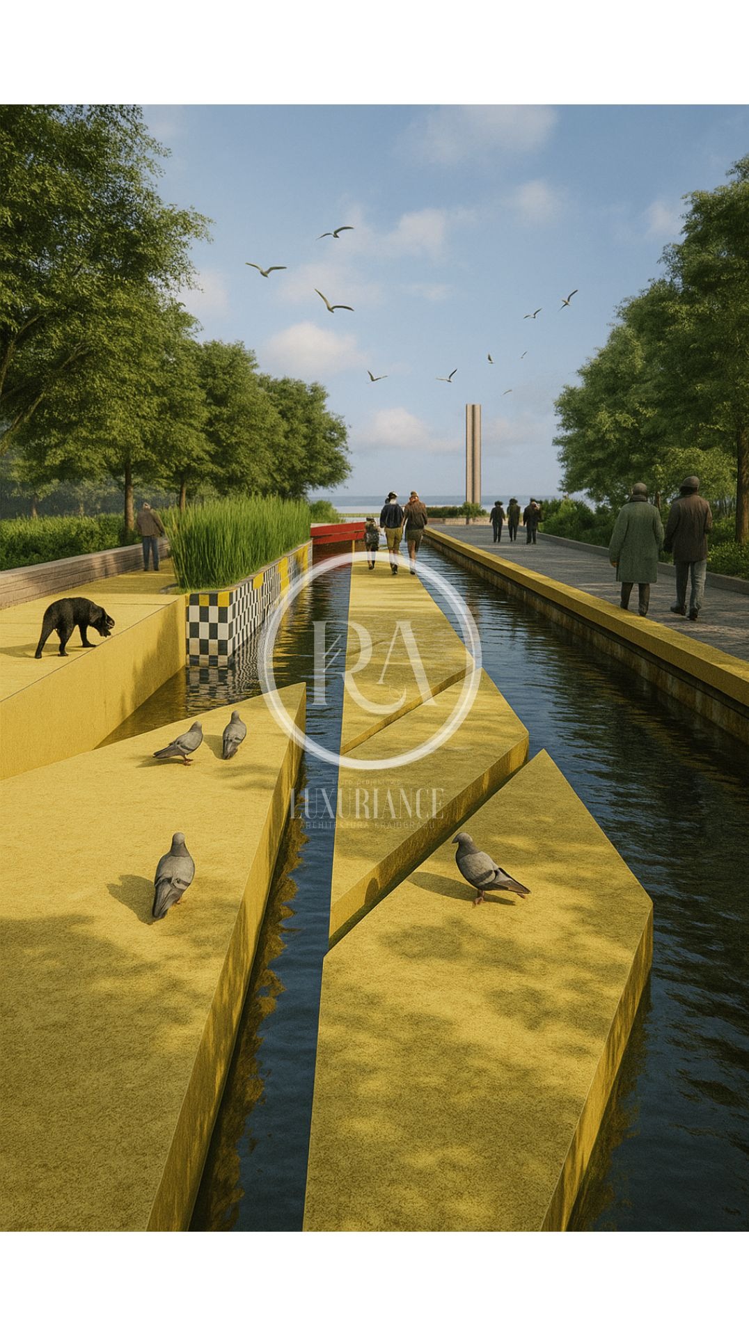 Wizualizacja parku miejskiego z żółtymi ścieżkami wodnymi, gołębiami i spacerującymi ludźmi. W tle widoczny pomnik i drzewa. Ujęcie z lotu ptaka.