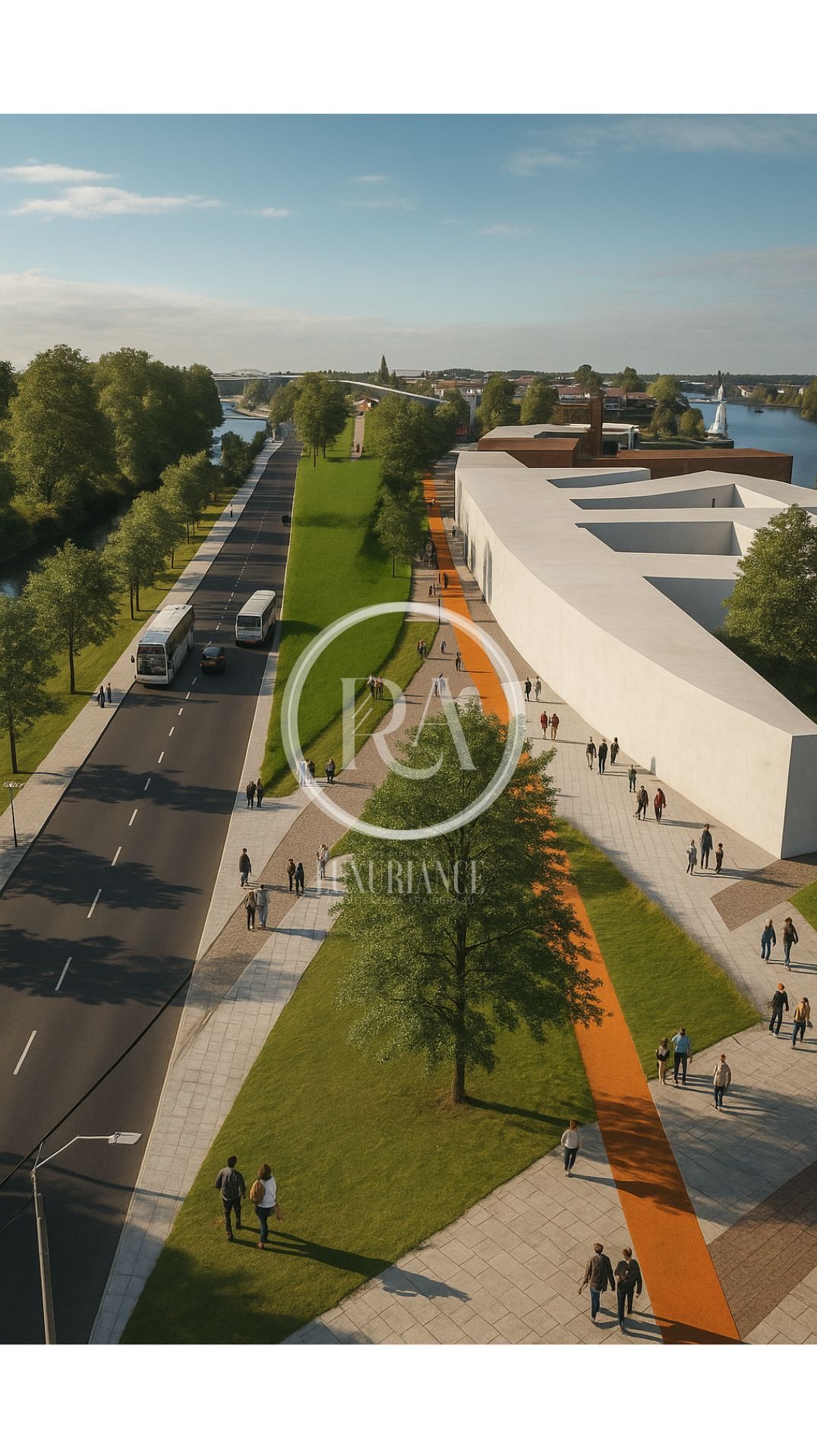 Wizualizacja terenu miejskiego z budynkiem o unikalnej architekturze, aleją spacerową z pomarańczowym pasem, zielenią miejską i rzeką w tle, widziana z lotu ptaka.