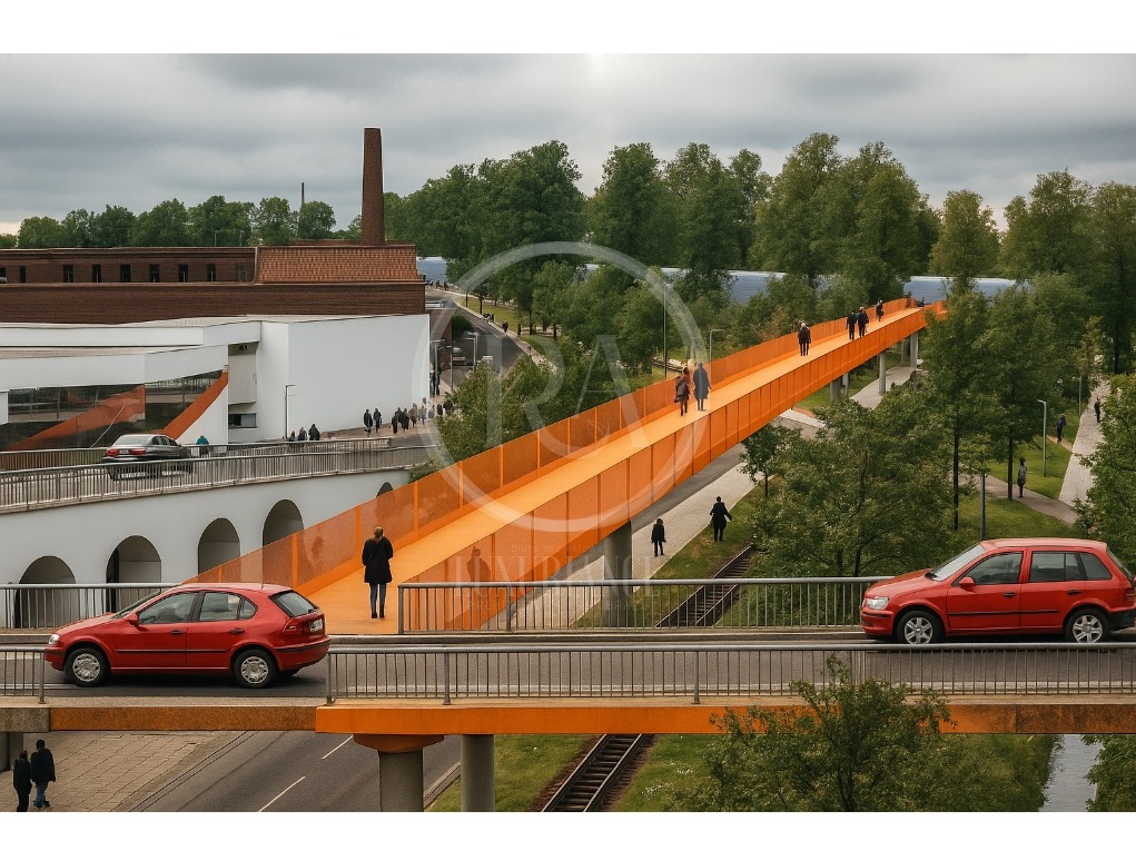 Pomarańczowa kładka dla pieszych, z ludźmi, nad drogą z czerwonymi samochodami. W tle budynek z ceglanym kominem i zielone drzewa.