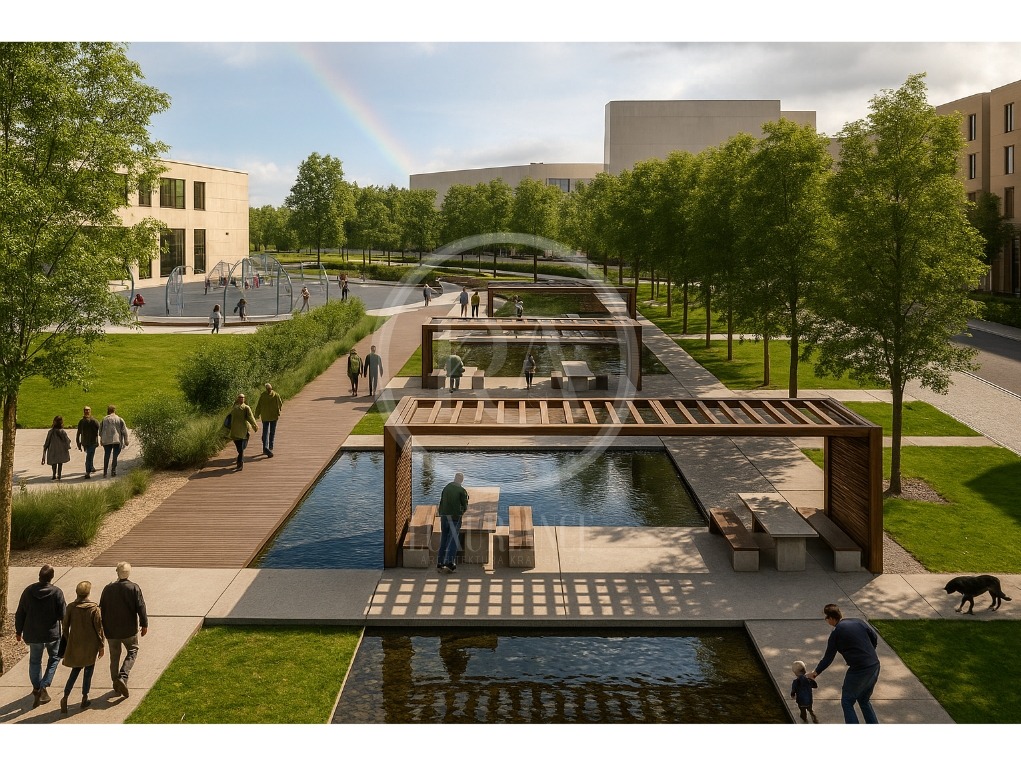 Nowoczesny park miejski z pergolami nad wodą, ścieżkami spacerowymi i zielenią. W tle budynki i tęcza na niebie. Widoczni ludzie spacerujący i bawiący się.