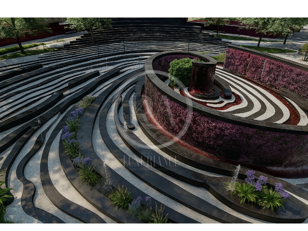 Wizualizacja projektu ogrodu z fontanną, kaskadowymi tarasami i roślinnością. Nowoczesny design z użyciem ciemnych elementów i jasnego żwiru. Ujęcie z góry.