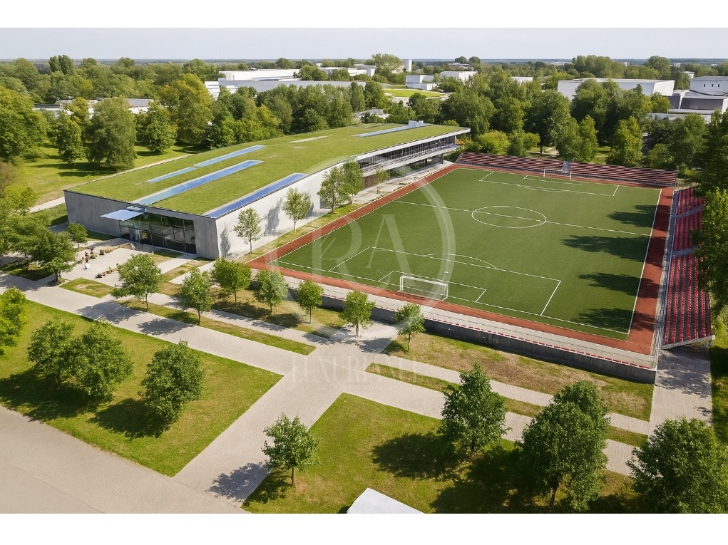 Widok z góry na budynek z zielonym dachem sąsiadujący z boiskiem sportowym. Drzewa i chodniki tworzą parkowy krajobraz wokół. Jasne, naturalne światło.