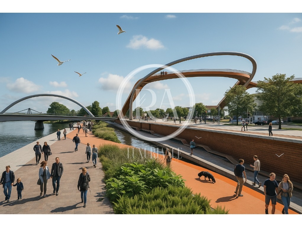 Projekt zagospodarowania terenu nad rzeką z mostami, roślinnością i ścieżkami spacerowymi. Widoczne osoby i ptaki, słoneczny dzień.