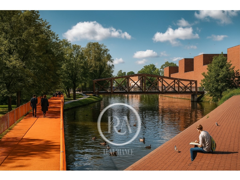 Nowoczesna architektura krajobrazu: pomarańczowa ścieżka wzdłuż kanału, drewniany most, ceglany budynek i osoba rysująca na brzegu. Słoneczny dzień.