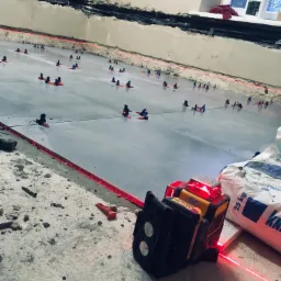 Świeżo wylana, szara posadzka z widocznymi klipsami poziomującymi i laserowym niwelatorem DeWalt, worek z zaprawą w tle, ściana z widocznymi instalacjami