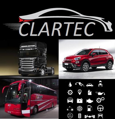 Kolaż: logo firmy motoryzacyjnej, czarna ciężarówka Scania Design Edition, czerwony samochód osobowy, czerwony autobus i ikony związane z motoryzacją na czarnym tle.