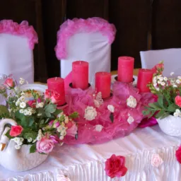 Uroczysta dekoracja stołu: różowe świece na ozdobnym tiulu z kwiatami, kompozycje kwiatowe w wazonach w kształcie łabędzi, różowe akcenty na krzesłach i satynowym obrusie.