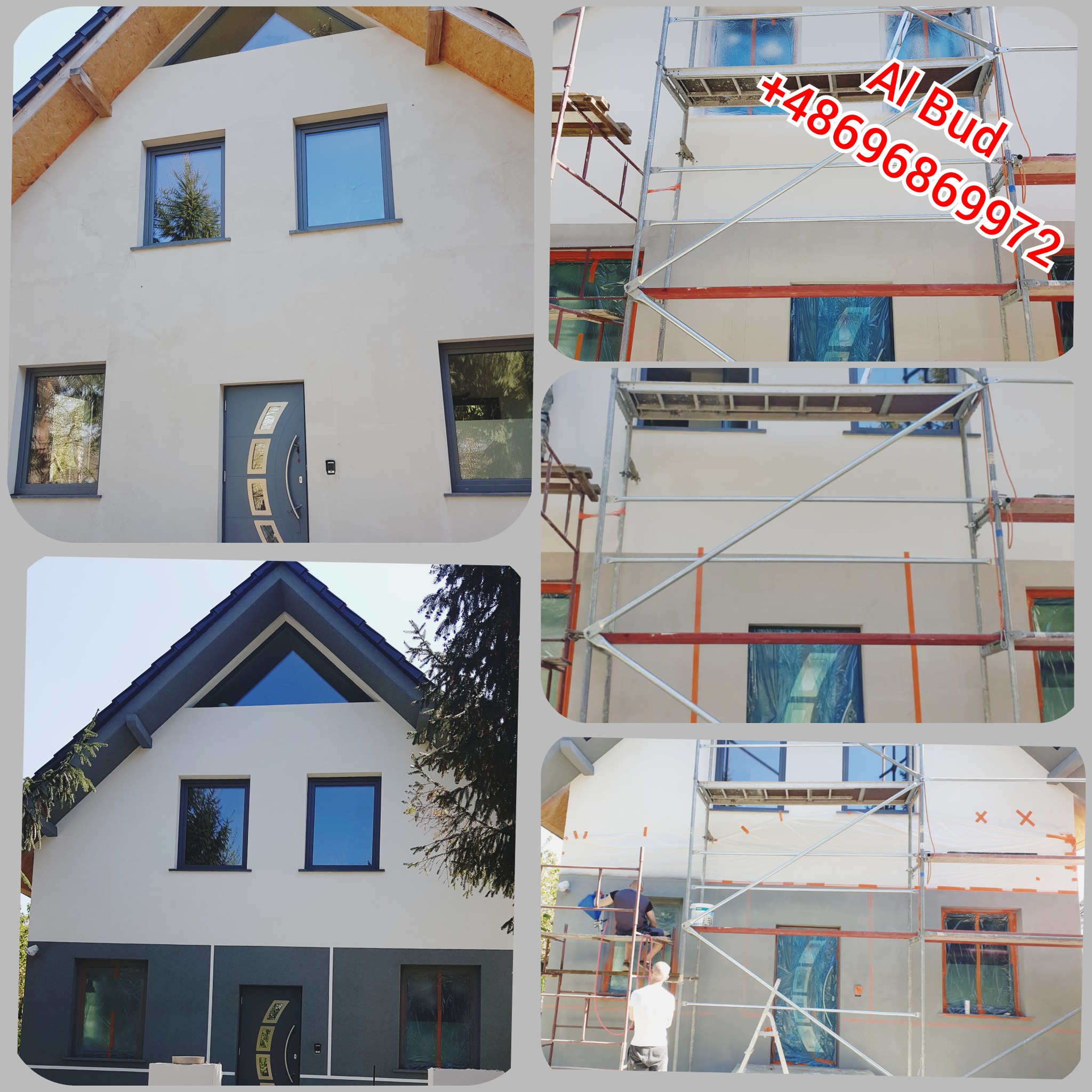Dom jednorodzinny w trakcie prac elewacyjnych, widoczne rusztowania, zabezpieczone okna folią ochronną, pracownicy wykonujący natrysk tynku.